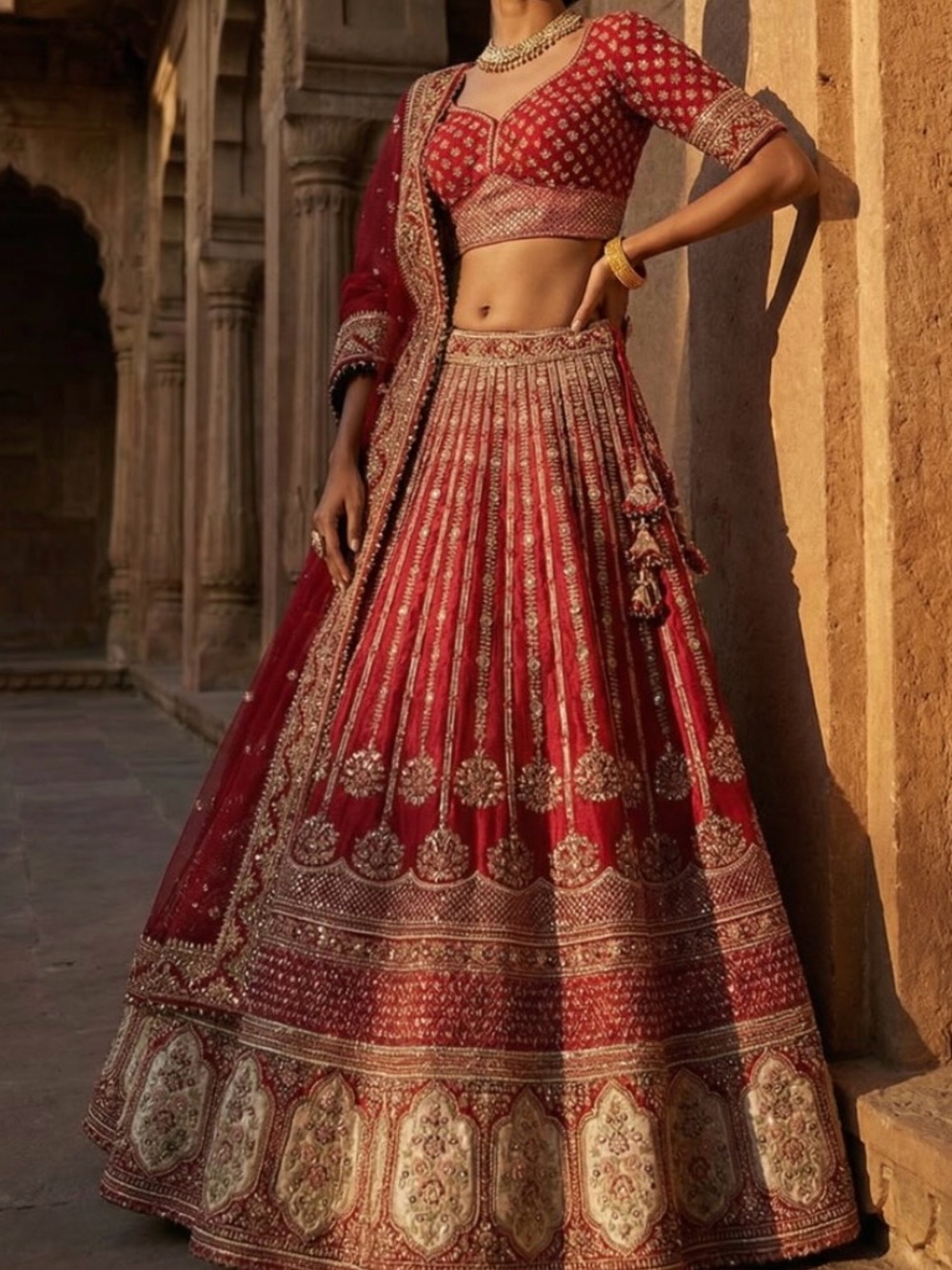 Red & Gold Embroidered Lehenga Set